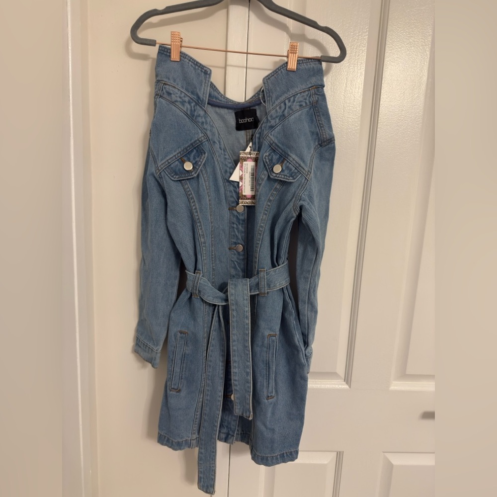 Boohoo Light Blue Denim Jacket Dress with Belt Detail